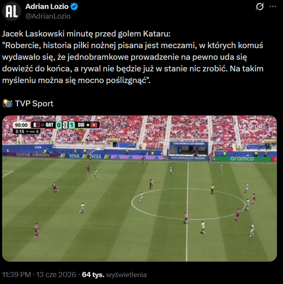 HIT! Oto co powiedział Jacek Laskowski na MINUTĘ PRZED GOLEM Kataru ze Szwajcarią xD
